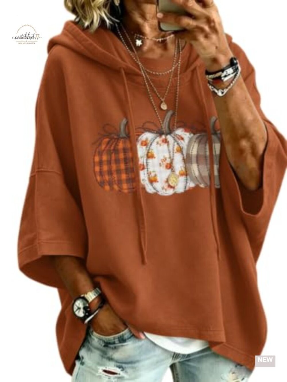 Womens Halloween Christmas Hoodie Sweatshirt 3/4 Sleeve Pullover